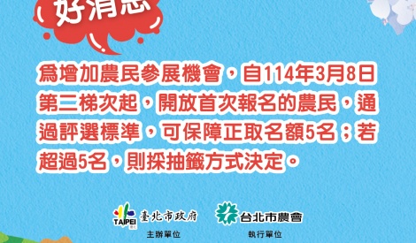 好消息通知 開放首次報名的農民 通過評選標準 可保障正取名額5名